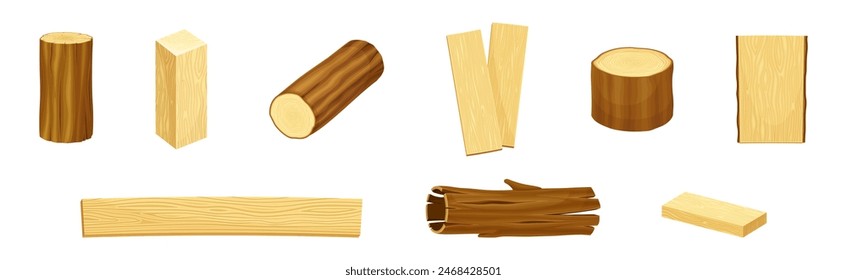 Wooden Material and Object of Sawmill Vector Set