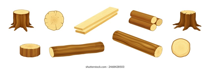 Wooden Material and Object of Sawmill Vector Set