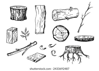 Wooden material for wood industry hand drawn ink sketch isolated vector illustration. Tree lumber, engraved graphic of firewood material, timber, trunk, stump and plank, wooden firewood logs, wood log