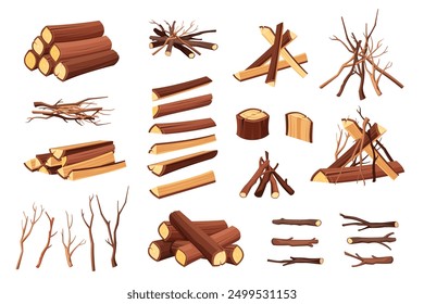 wooden materials set. cartoon wood tree logs collection, different shaped forest nature rural material texture, hardwood logging woodwork. vector cartoon items collection.