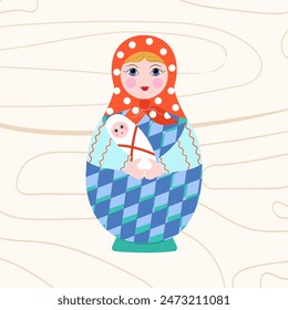 Muñeca Matrioska de madera con un niño en sus brazos. Muñeca pintada. Madre e hijo. Familia, concepto de maternidad. Juguete tradicional ruso, recuerdo. Ilustración vectorial, textura de madera, fondo aislado.