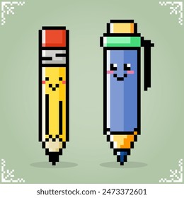 Wooden and mechanical pencils in 8 bit pixel art. Kawaii pencil for game asset in vector illustration.