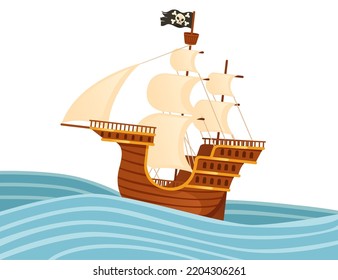 Wooden medieval pirate ship with white sails and black pirate flag galleon war wessel vector illustration isolated on white background