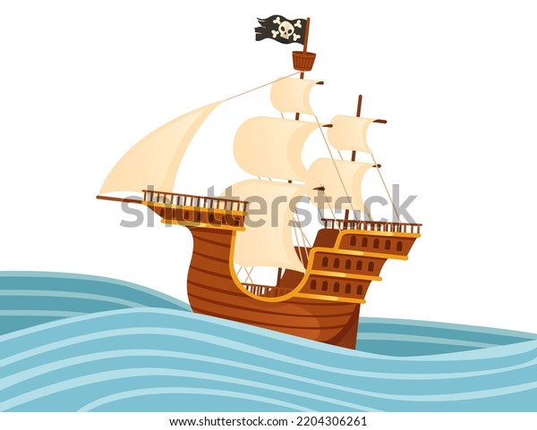 Wooden Medieval Pirate Ship White Sails Stock Vector (Royalty Free ...