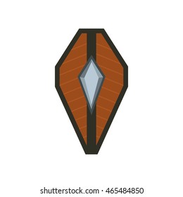 Wooden medieval shield icon in flat style on a white background