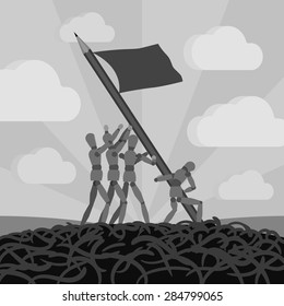 Wooden men establishing the pemcil-flag. Conceptual illustration suitable for advertising and promotion