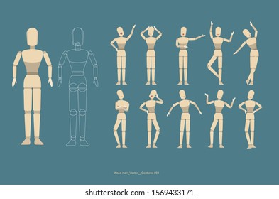 The wooden men figure vector. variety of movements wooden men.