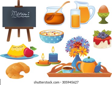 Wooden menu board and breakfast including coffee, bread, honey, orange juice, muesli and fruits