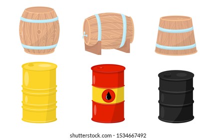 Wooden And Metal Barrels Vector Illustrated Set