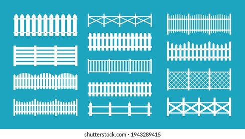 Wooden and metal fences. Vector set of silhouettes fences and pickets for garden, park, backyard, rural landscape. Seamless wood boards isolated on white background. Different types of fences