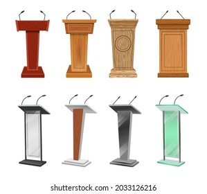 Wooden and metal podiums vector illustrations set. Rostrums or tribunes with microphones for interviews or lectures in classroom isolated on white background. Conference, communication concept