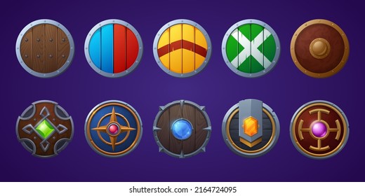 Wooden and metal round shields. Medieval armor of viking, knight, barbarian and warrior. Vector cartoon set of game icons with circle steel and wood shields with gems and heraldic colors