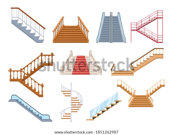 Wooden and metal staircase\
with handrails set. Wooden staircases covered with red carpet,\
spiral staircase, store escalator, floor to floor ladder isolated\
cartoon vector