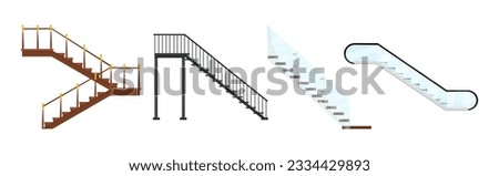 Wooden and Metal Staircase with Handrails Vector Set