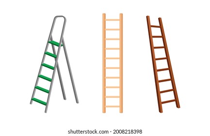 Wooden and Metal Step Ladder for Domestic and Construction Need Vector Set