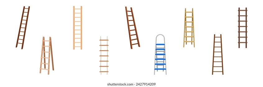 Wooden and Metal Step Ladder for Domestic and Construction Need Vector Set