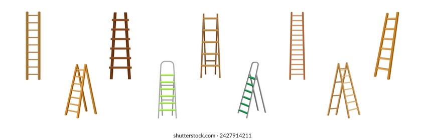 Wooden and Metal Step Ladder for Domestic and Construction Need Vector Set