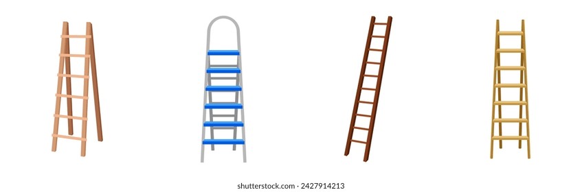 Wooden and Metal Step Ladder for Domestic and Construction Need Vector Set