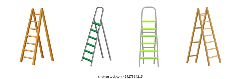 Wooden and Metal Step Ladder for Domestic and Construction Need Vector Set