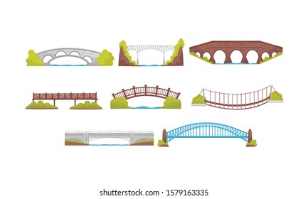 Wooden, Metal and Stone Bridges Collection, Urban Architecture Design Element Vector Illustration