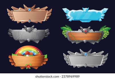 Madera, metal, marcos de piedra para la interfaz ui ux juego. Cartel decorado con cristales, hojas, arcoiris. Nivel de evolución de fronteras de mockup. Ilustraciones vectoriales establecen elementos de botón de juego de fantasía