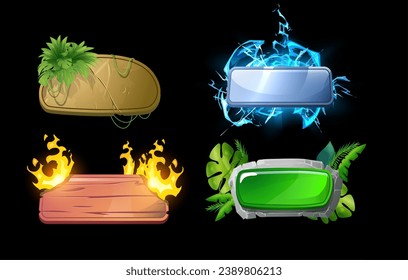 Madera, metal, marcos de piedra para la interfaz ui ux juego. Cartel decorado con hojas, fuego y relámpagos. Nivel de evolución de fronteras de mockup. Elementos del botón del juego de fantasía de dibujos animados