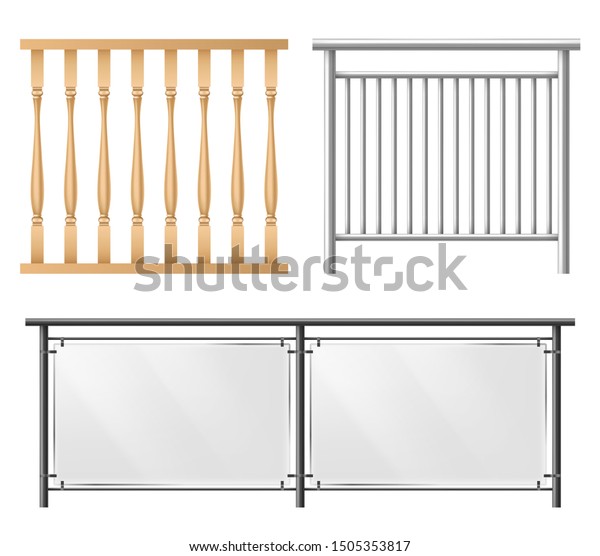 Wooden, metallic, glass railings, fence section\
for home stairways, house balcony, sidewalk fencing 3d realistic\
vector set isolated on white background. Room, public place\
interior design\
elements