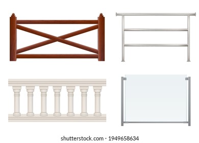 Wooden, metallic, glass railings isolated on white background. Room, public place interior design elements. Realistic vector illustration