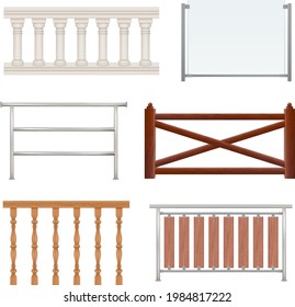Wooden, metallic, glass railings isolated on white background. Room, public place interior design elements. Realistic vector illustration