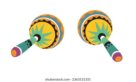 Wooden Mexican maracas with ornaments and decorations. Isolated rattle musical instrument for accompanying melody or songs, shaker or chac chac, culture, and traditions. Vector in flat style