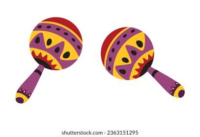 Wooden Mexican maracas painted with color and decorated with ornaments and geometric lines. Playing musical instruments, shaker for accompanying songs and compositions. Vector in flat style
