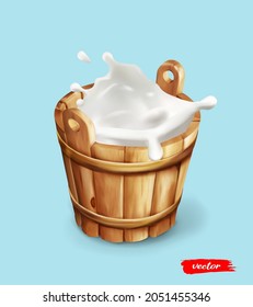 Wooden milk bucket with splash of fresh milk. Farmer dairy product. Concept for package of milk.