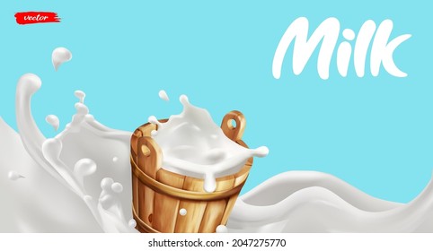 Wooden milk bucket with splash of milk. Natural dairy product. Concept for package of milk.