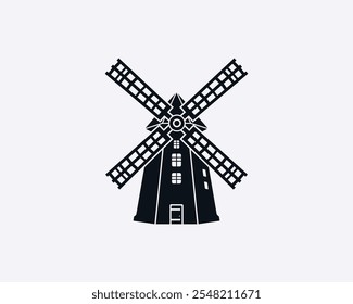Wooden Mill icon. Fully detailed windmill silhouette. High quality Vintage style vector illustrator.