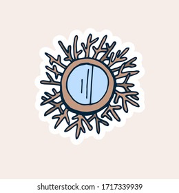 Wooden mirror. Vector illustration. Design for stickers, poster, social media post. Positive doodle icons, home elements. Isolated on white background. 