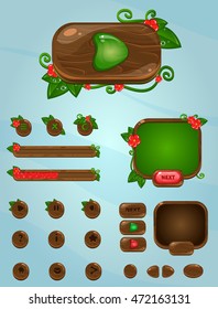 Wooden mobile gui elements.Red flowers with leaves. Buttons for game user interface and web design.Set game elements.