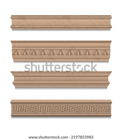 Wooden molding realistic set of ceiling cornices in classic stile isolated on white background vector illustration