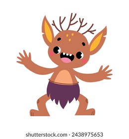 Wooden Monster with Pointy Ears and Antlers as Fairy Tale Character Vector Illustration