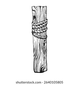A wooden mooring post with a coiled rope tied around it. Black and white vector illustration capturing a nautical, rustic marine theme. Isolated on white. Ideal for seaside or coastal design elements.