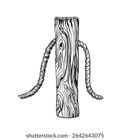 Um posto de amarração de madeira com uma corda enrolada. Ilustração vetorial em preto e branco capturando um tema marinho náutico e rústico. Esboço isolado no branco. Ideal para elementos de design costeiro ou à beira-mar.