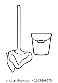 Wooden mop with rag and metal bucket for cleaning in black lines. Isolated illustration. White background, vector.