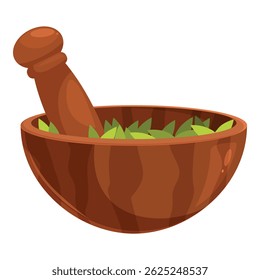 Argamassa de madeira e almofariz esmagando ervas, criando um remédio natural em um conceito de medicina tradicional