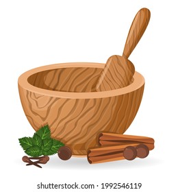 Wooden mortar and pestle. Grinding and kneading tool. Kitchen. Cooking. Health and medicine. Vector. Close-up.