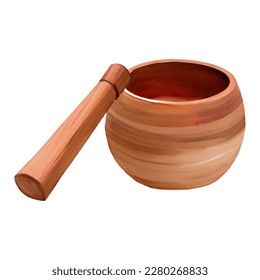 Wooden Mortar and Pestle Isolated Hand Drawn Painting Illustration