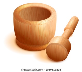 Wooden mortar and pestle isolated on white background. Vector cartoon illustration