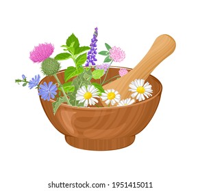 Wooden mortar with pestle, medical herbs and wild flowers isolated on white background. Vector illustration in cartoon flat style.