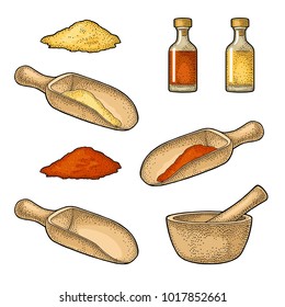 Wooden mortar, pestle and scoop with crushed piece. Glass bottle of tincture. Vintage color vector engraving illustration for label, poster. Isolated on white background. Hand drawn design element