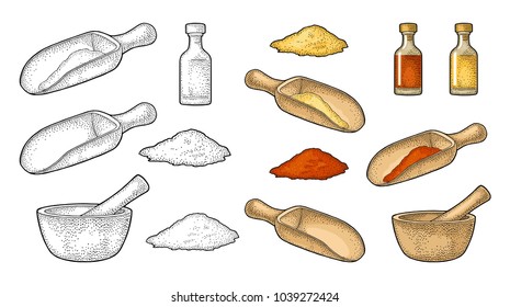 Wooden mortar, pestle and scoop with crushed piece. Glass bottle of tincture. Vintage color vector engraving illustration for label, poster. Isolated on white background. Hand drawn design element