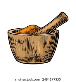 Wooden mortar, pestle and scoop with crushed piece. Glass bottle of tincture. Vintage color vector engraving illustration for label, poster. Isolated on white background. Hand drawn design element