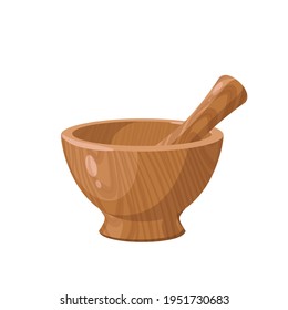 Wooden mortar and pestle. Vector illustration cartoon flat icon isolated on white background.